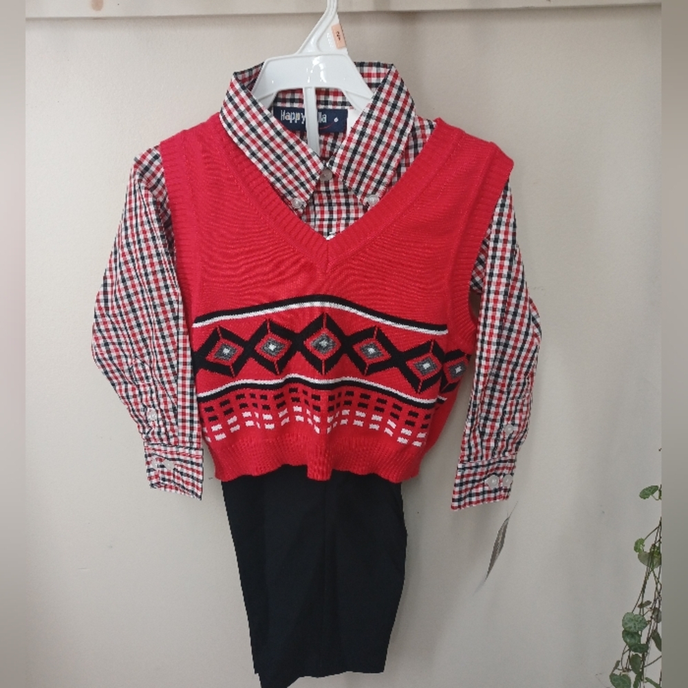 New Happy Fella Red Plaid Suit Set with Sweater Vest Size 2T / 24 months.